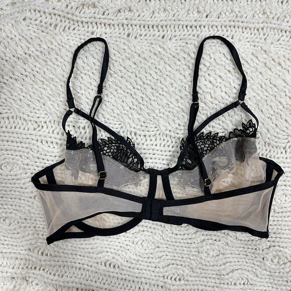 Victoria’s Secret Sheer Embroidered Balconette Bra Black Nude 34C Unlined Lace - Picture 4 of 5